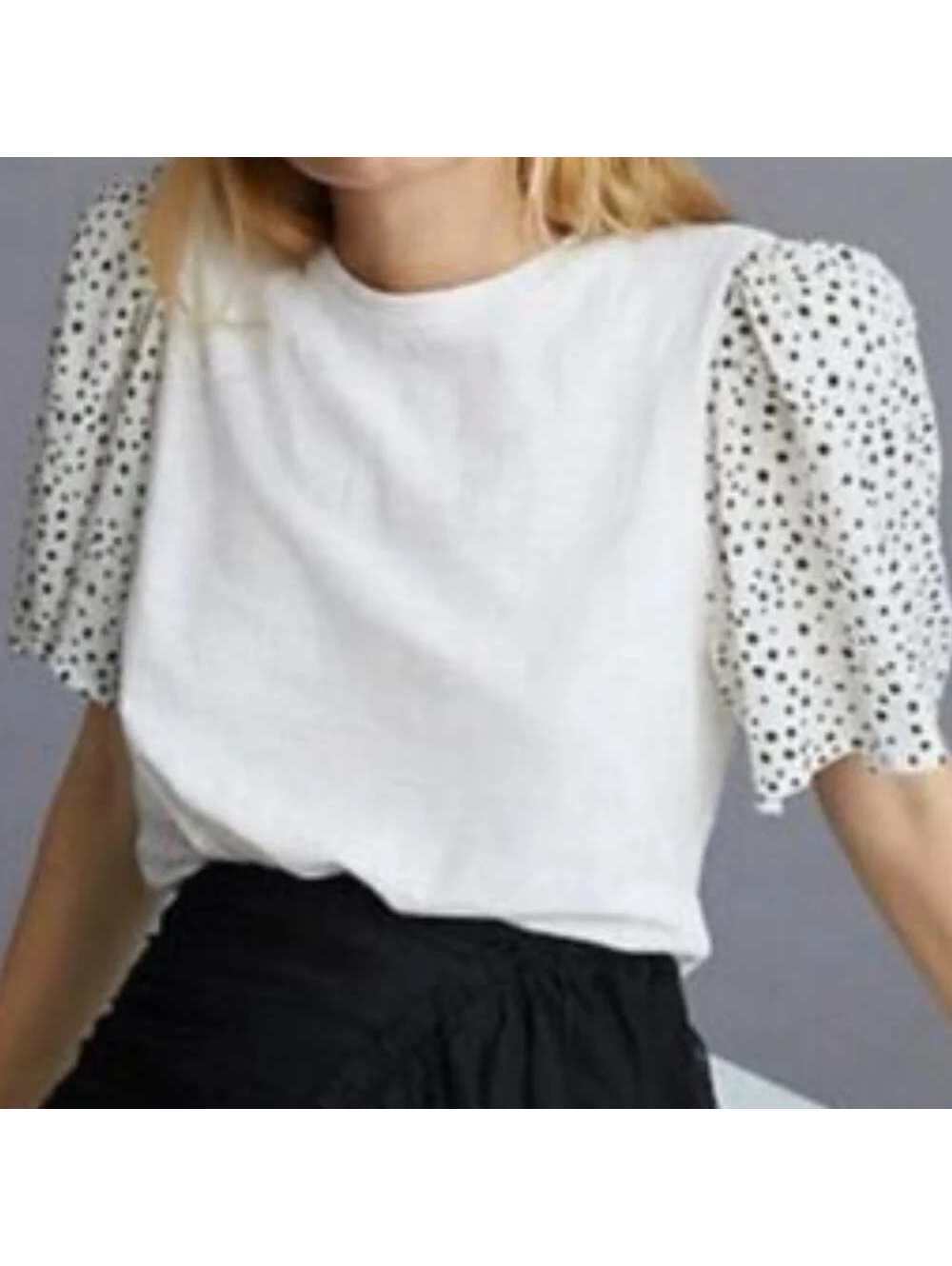 NEW t.la Medium $68 Ivory Anthropologie Black Dotted Puff Sleeve 100% Cotton Tee